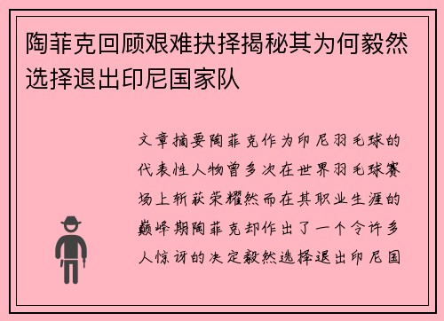 陶菲克回顾艰难抉择揭秘其为何毅然选择退出印尼国家队